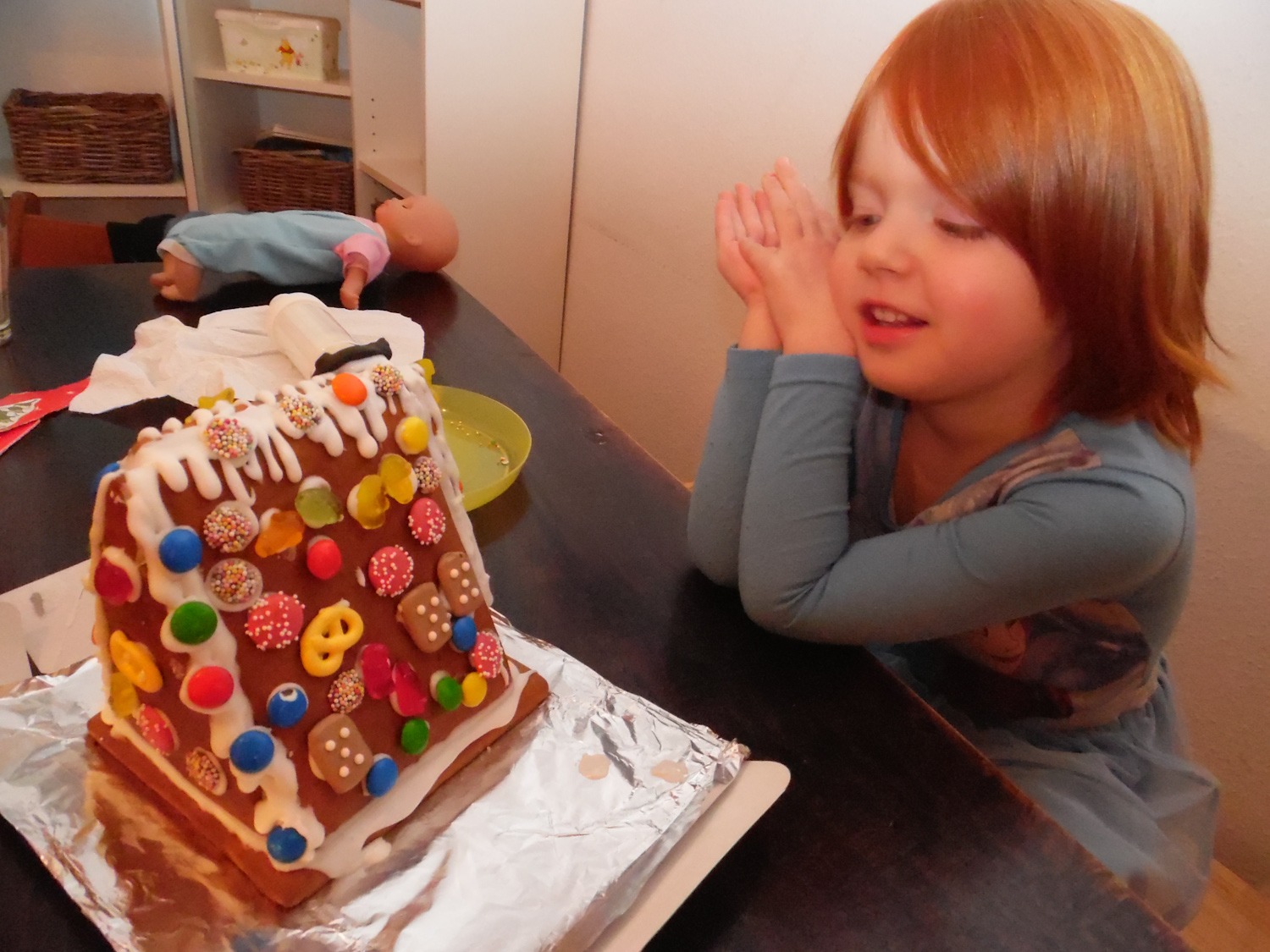 Gingerbread house project with Grandma